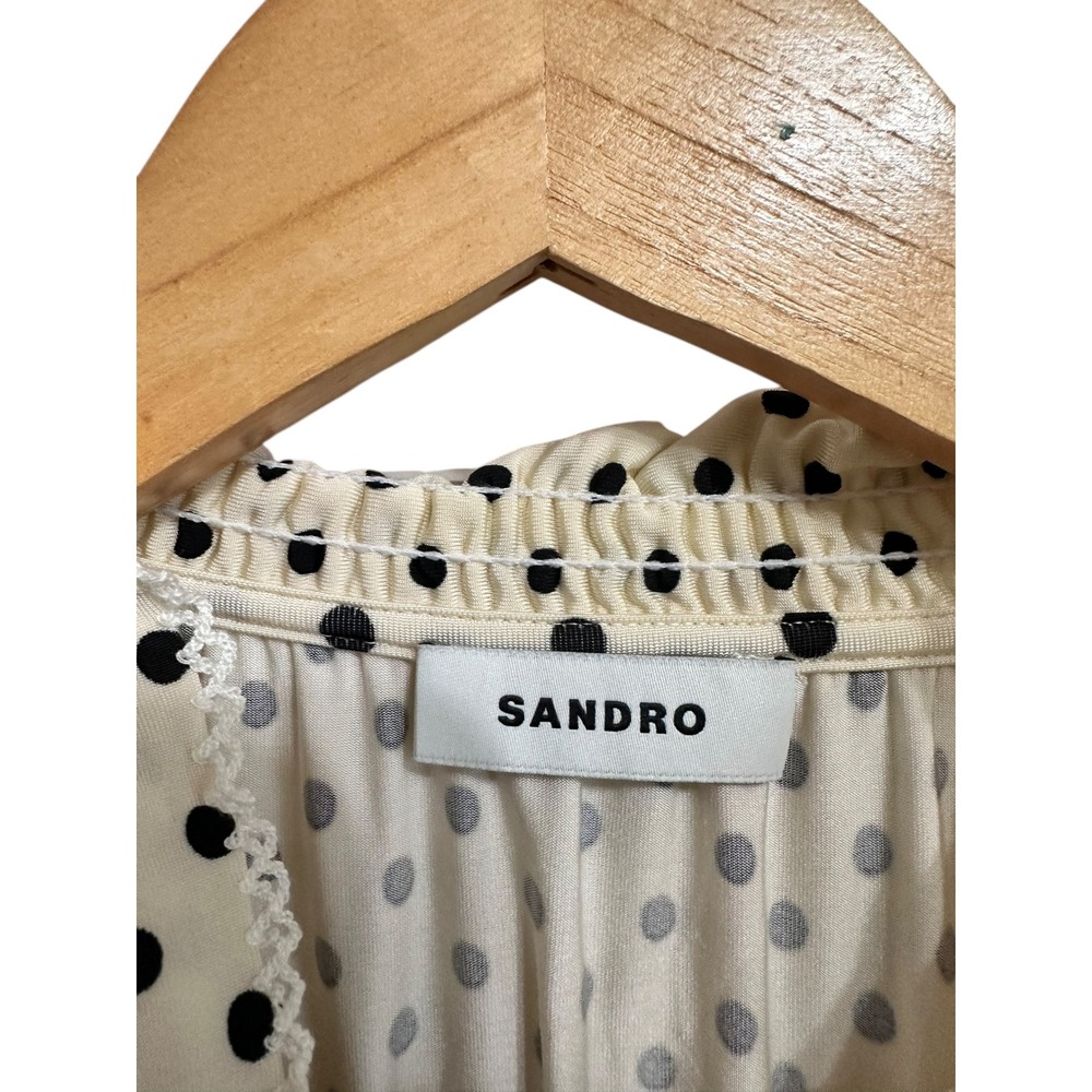 Sandro Racine smocked Polka Dot ecru black Mock Neck Puff Sleeve Blouse size 2 - Picture 3 of 5